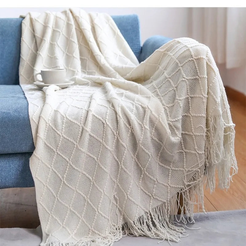 Knitted blanket, sofa blanket, throw blanket, tassel thin blanket, office air conditioning blanket, bay window blanket