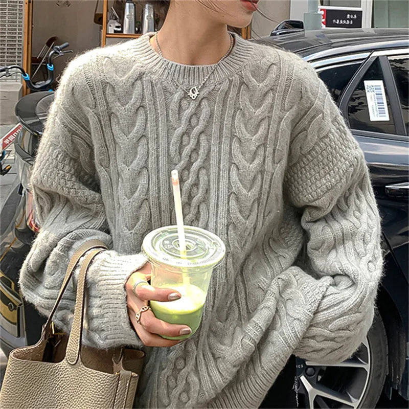 Autumn Winter Thicken Warm Pullover Sweater Women Vintage Loose Twist Knitted Jumper Woman All-Match O-Neck Long Sleeve Pullover