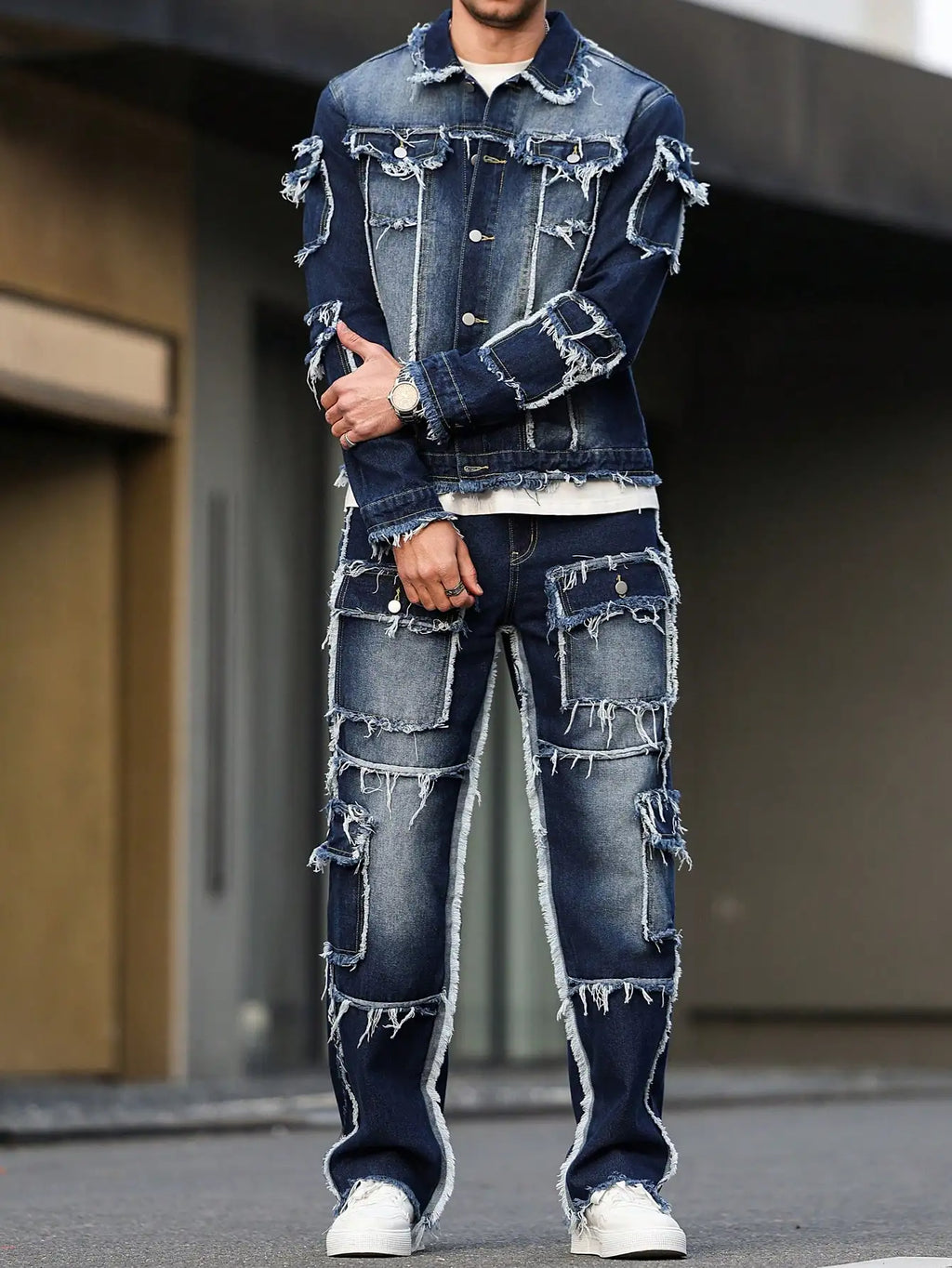 Men's spring and autumn denim suit, multi - pocket design, wide straight - leg pants style