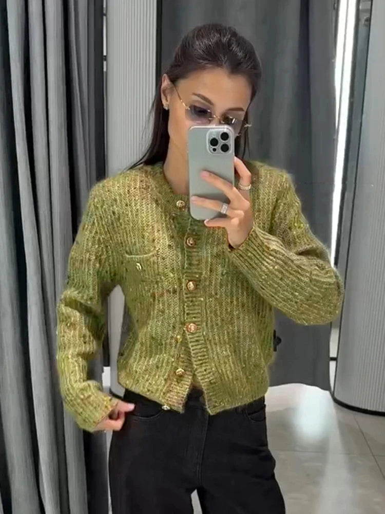 Women's Marled Knit Cardigan Crew Neck Single Breasted Long Sleeve Pocket Cropped Sweater 2026 Autumn Fashion Casual Sweaters