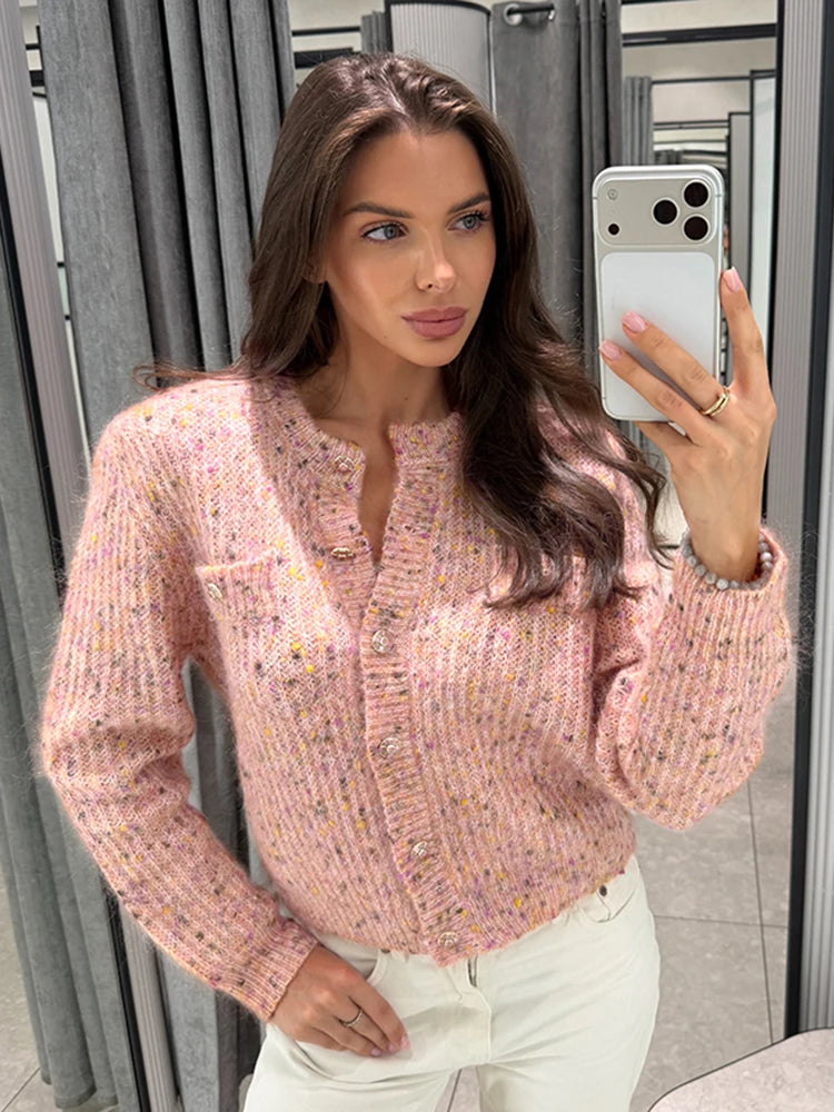 Women's Marled Knit Cardigan Crew Neck Single Breasted Long Sleeve Pocket Cropped Sweater 2026 Autumn Fashion Casual Sweaters