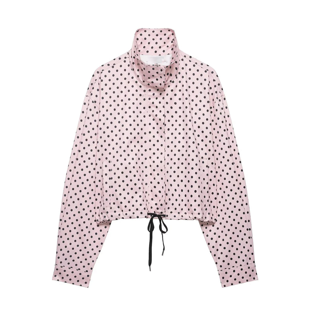 HH Fashion Women's Polka Dot Print Short Coats Autumn Long Sleeves Turtleneck Zipper With Pockets Drawstring Casual Jacket