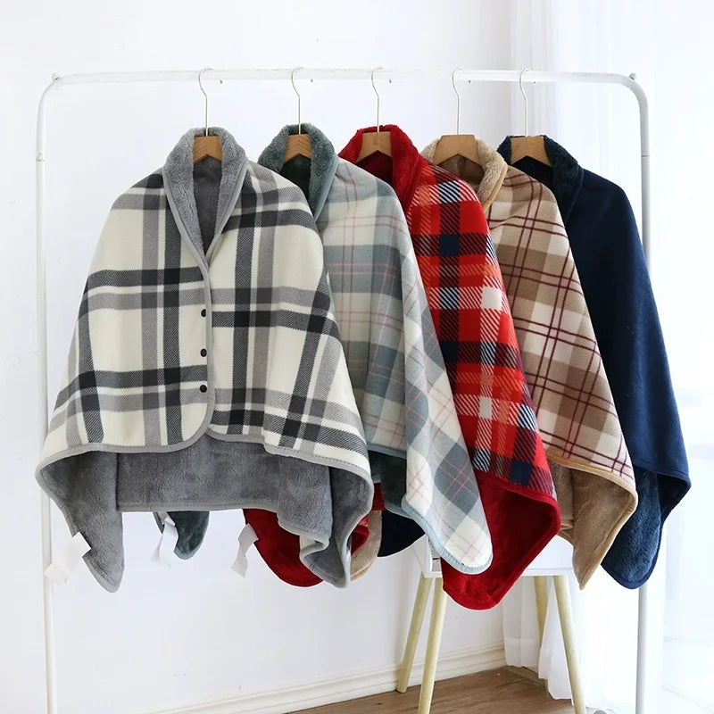 Fleece Wearable Blanket, Plaid Lap Blanket Comfy Poncho Throw with Button Plaid Throw Cushion for Bed Sofa Office