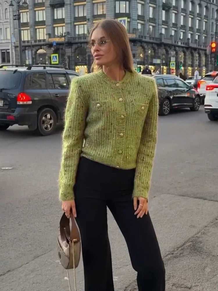 Women's Marled Knit Cardigan Crew Neck Single Breasted Long Sleeve Pocket Cropped Sweater 2026 Autumn Fashion Casual Sweaters