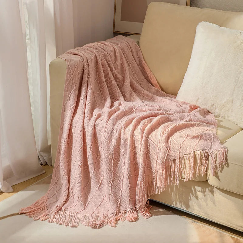 Knitted blanket, sofa blanket, throw blanket, tassel thin blanket, office air conditioning blanket, bay window blanket