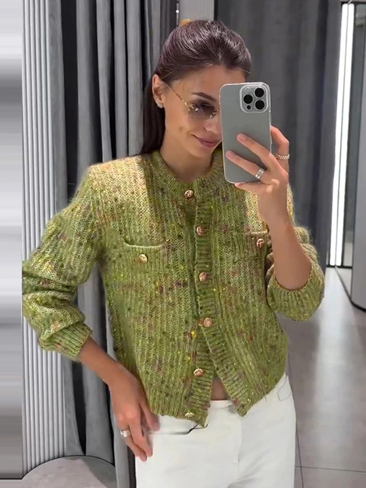 Women's Marled Knit Cardigan Crew Neck Single Breasted Long Sleeve Pocket Cropped Sweater 2026 Autumn Fashion Casual Sweaters