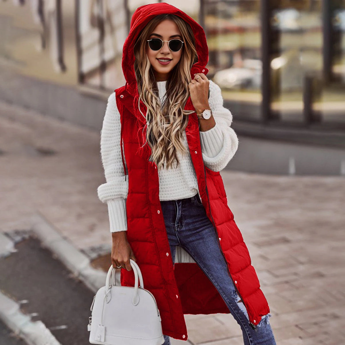 Women's Long Coat Vest With Hood Autumn Winter Sleeveless Warm Cotton Down Coat Waistcoat Quilted Vest Down Jacket Outwear 2XL