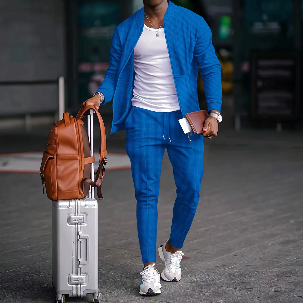 2026 new spring and autumn men stand collar solid color baseball casual Waffle full pants two men's suit men's wear