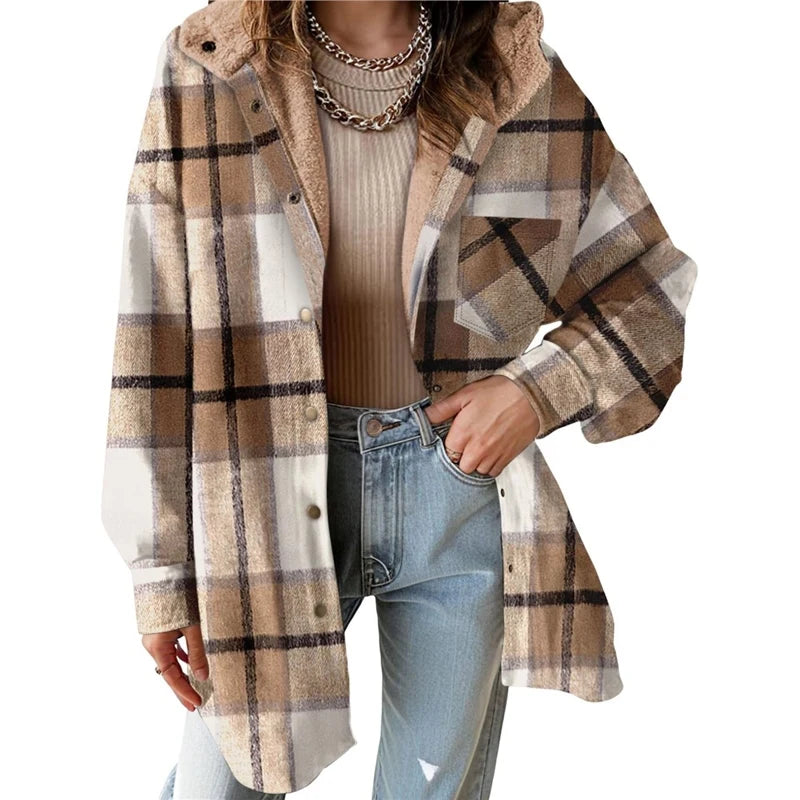 Women's Jacket Coat Spring Fall Plaid Hooded Long Sleeve Button Front Casual Fashion Elegant Trendy Lightweight