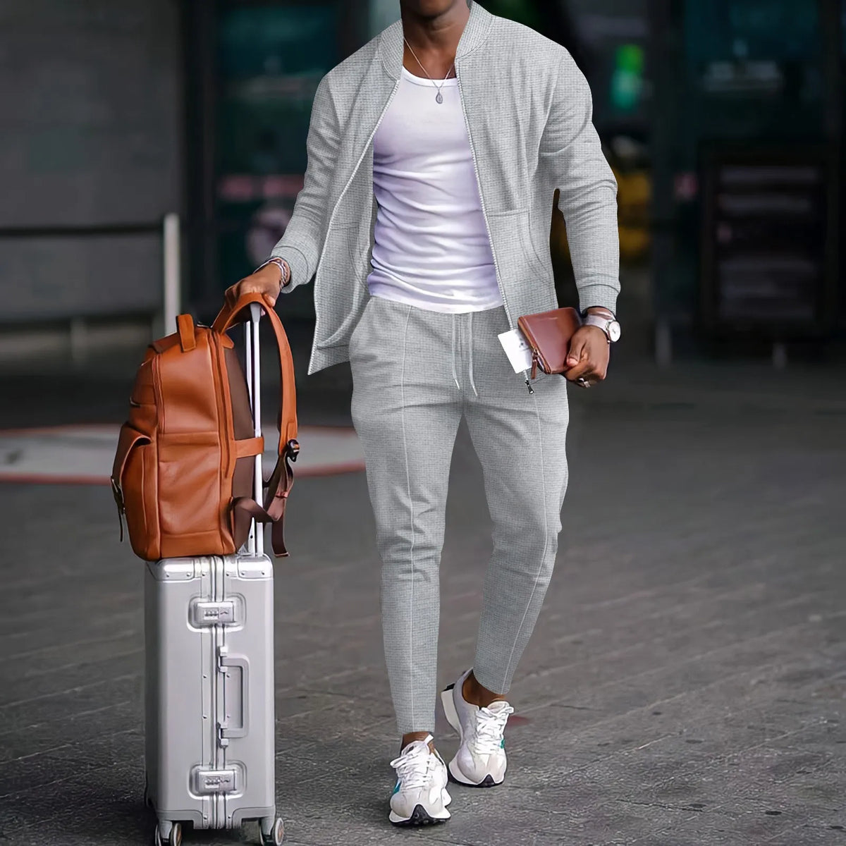 2026 new spring and autumn men stand collar solid color baseball casual Waffle full pants two men's suit men's wear