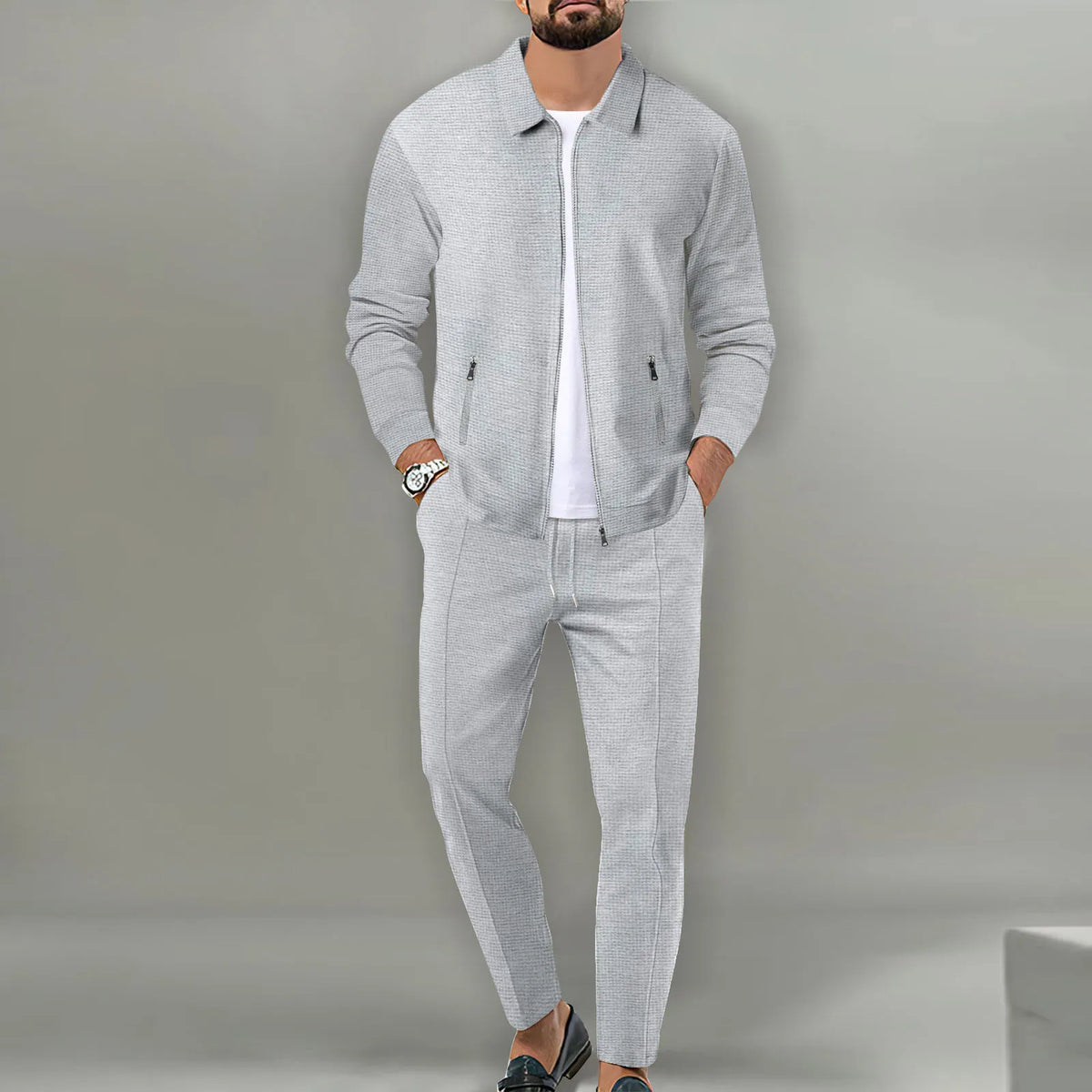 2026 Coat Fall Waffle Zip Pocket Lapel Slim Cardigan Men's Jacket Set