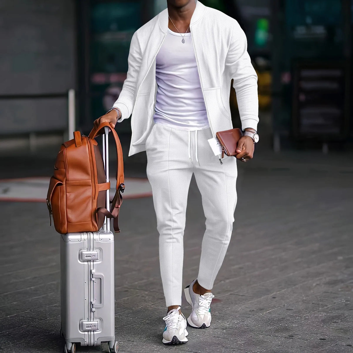2026 new spring and autumn men stand collar solid color baseball casual Waffle full pants two men's suit men's wear