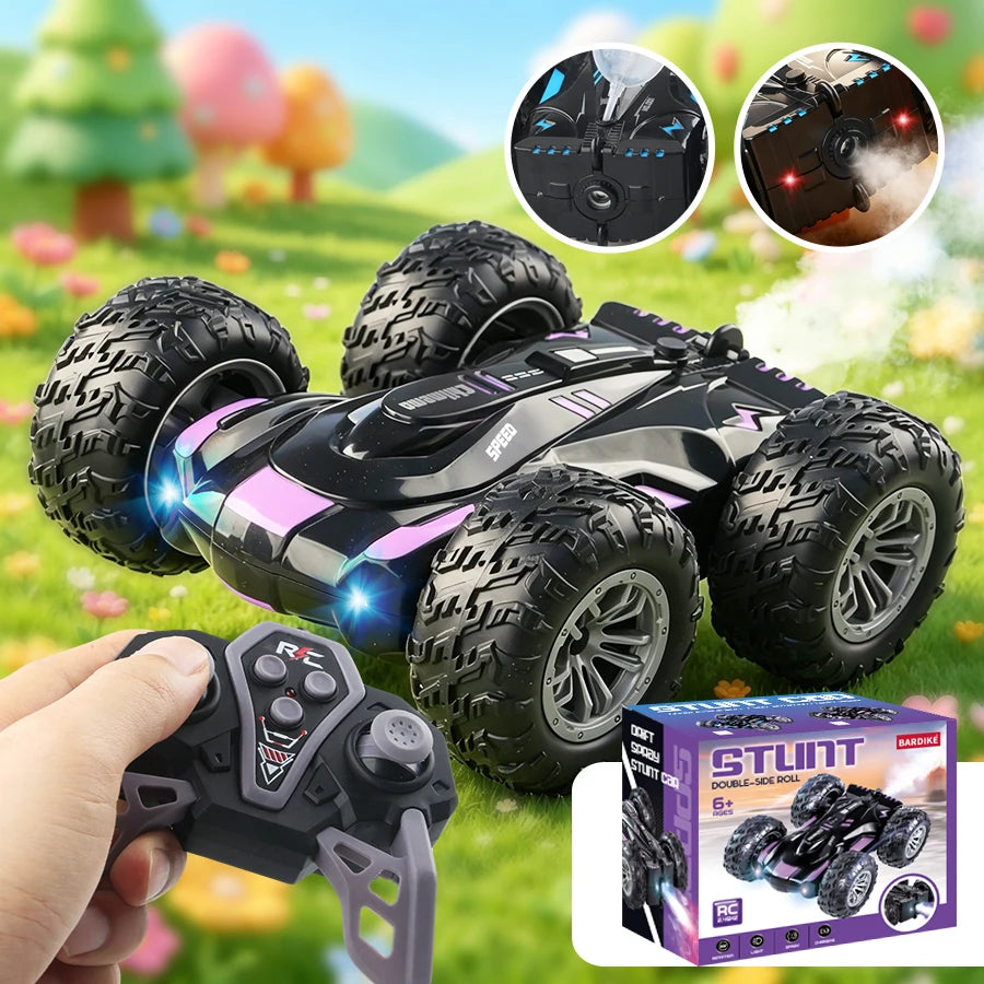 2.4G Remote Control Double-Sided Stunt Car with Lights & Spray, Cool RC Flip Toy Car for Kids