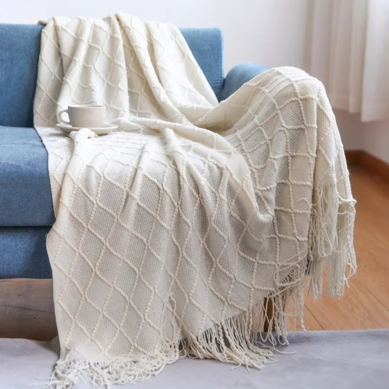 Knitted blanket, sofa blanket, throw blanket, tassel thin blanket, office air conditioning blanket, bay window blanket