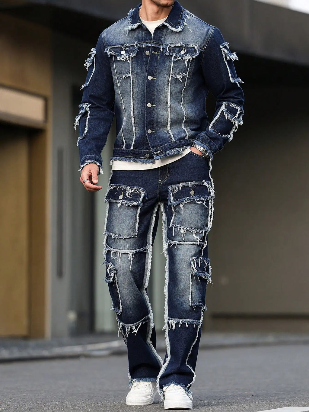Men's spring and autumn denim suit, multi - pocket design, wide straight - leg pants style