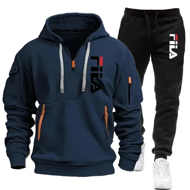 Spring and Autumn street new men's zipper hoodie + pants two-piece set, outdoor multi-pocket men's casual pullover sports suit