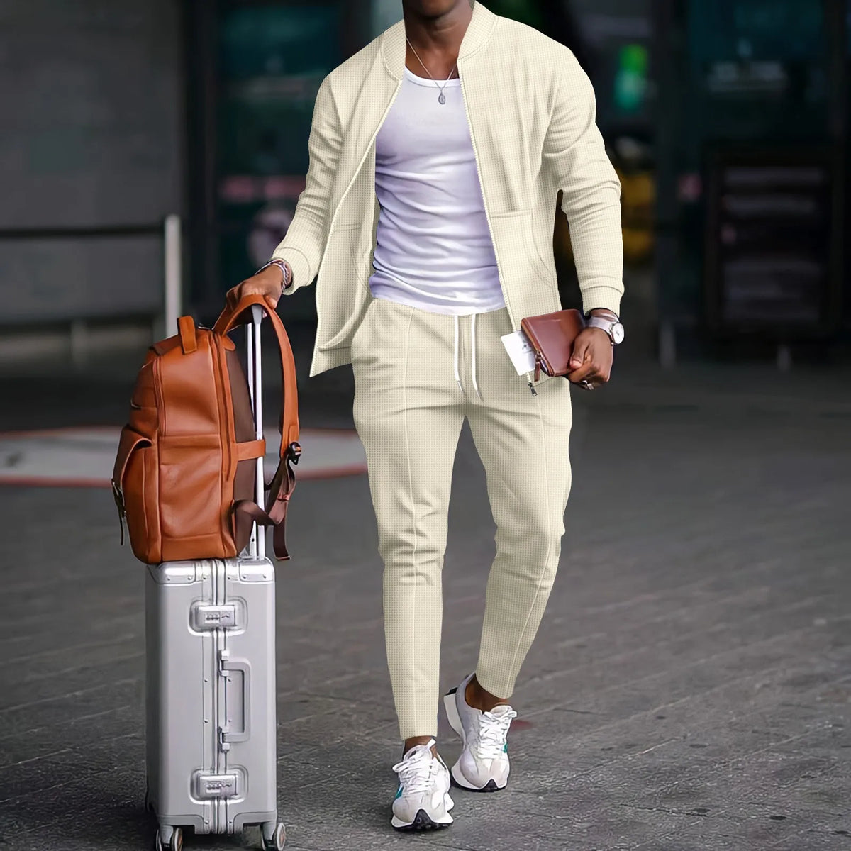 2026 new spring and autumn men stand collar solid color baseball casual Waffle full pants two men's suit men's wear