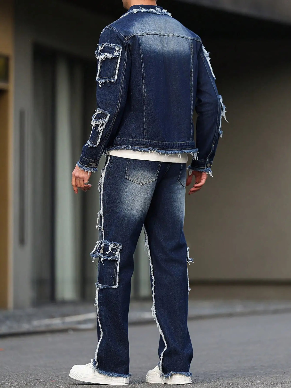Men's spring and autumn denim suit, multi - pocket design, wide straight - leg pants style