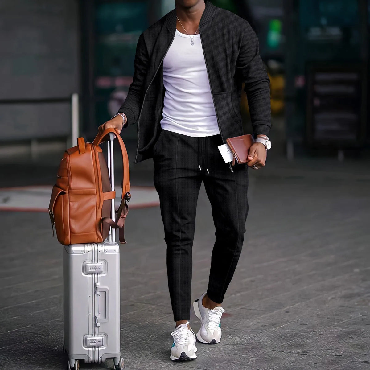 2026 new spring and autumn men stand collar solid color baseball casual Waffle full pants two men's suit men's wear