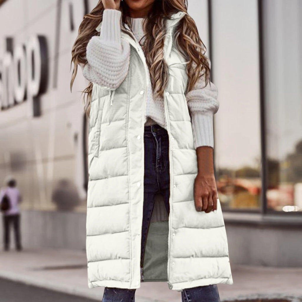 Women's Long Coat Vest With Hood Autumn Winter Sleeveless Warm Cotton Down Coat Waistcoat Quilted Vest Down Jacket Outwear 2XL