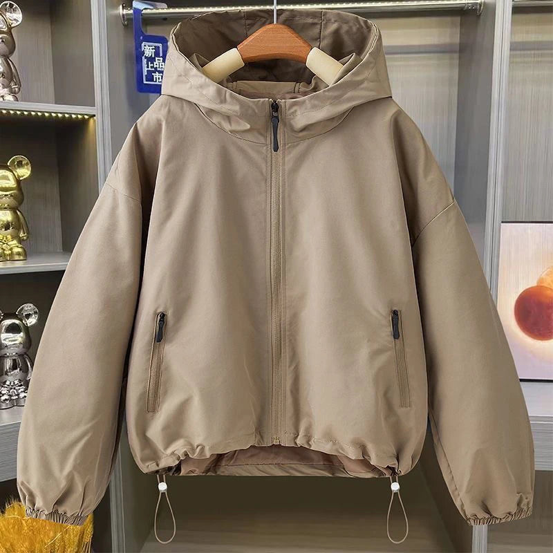 2026 Autumn Women's Coat Hooded Jacket Long Sleeve Zipper Pockets Casual Windbreaker Basic Jackets Outerwear Splicing Hooded E25