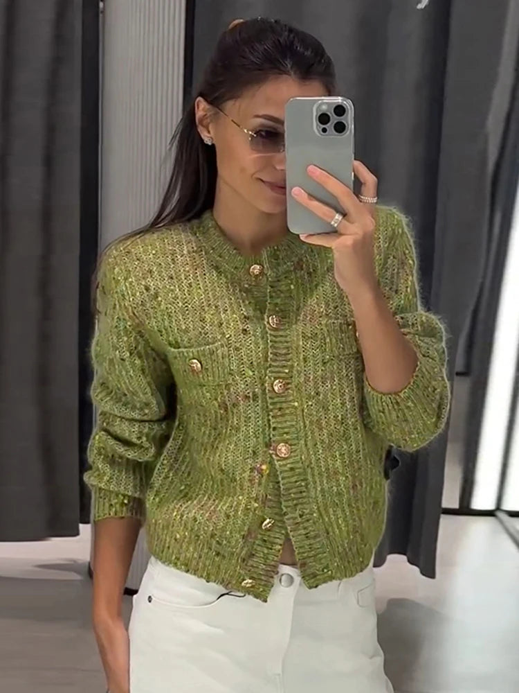 Women's Marled Knit Cardigan Crew Neck Single Breasted Long Sleeve Pocket Cropped Sweater 2026 Autumn Fashion Casual Sweaters
