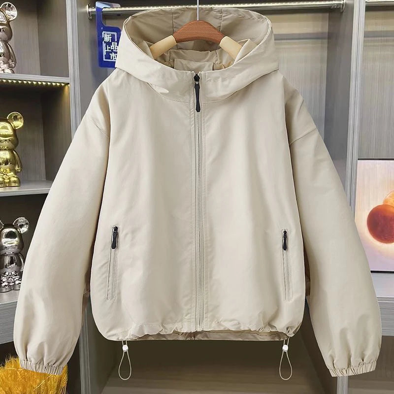 2026 Autumn Women's Coat Hooded Jacket Long Sleeve Zipper Pockets Casual Windbreaker Basic Jackets Outerwear Splicing Hooded E25